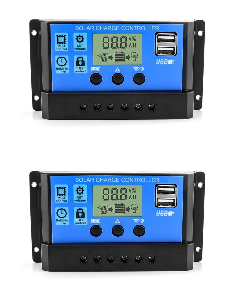 QWORK 2db Napelemes Töltésvezérlő 30A 12V/24V USB Porttal és LCD Kijelzővel