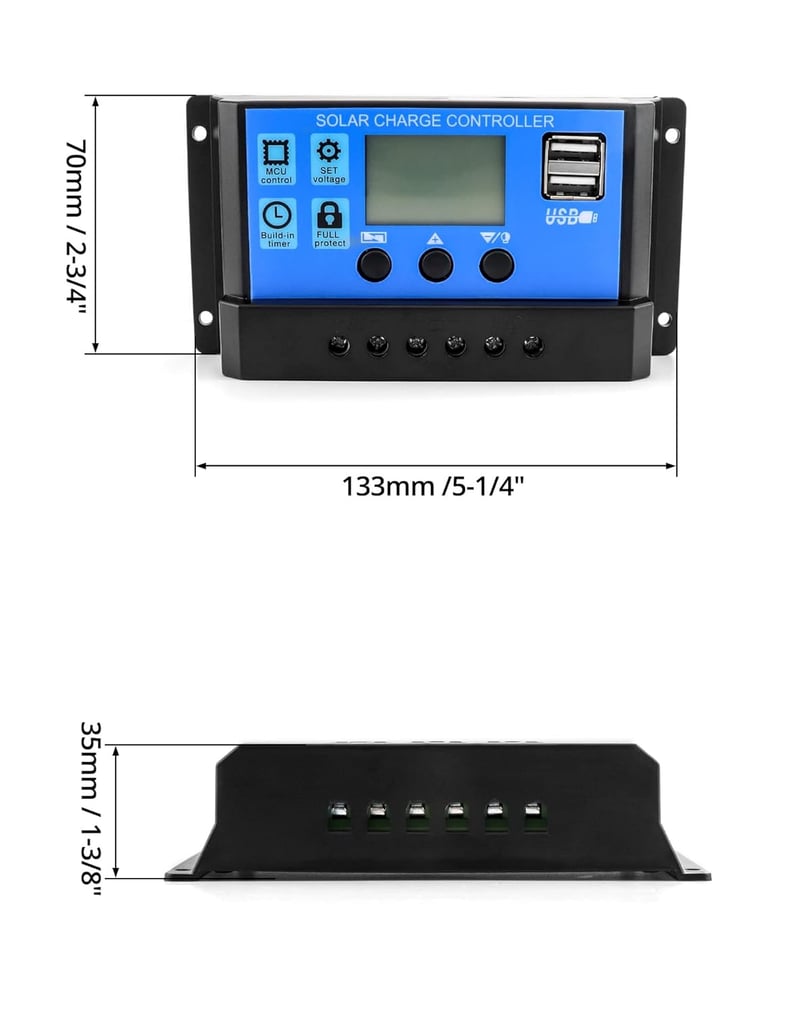 QWORK 2db Napelemes Töltésvezérlő 30A 12V/24V USB Porttal és LCD Kijelzővel