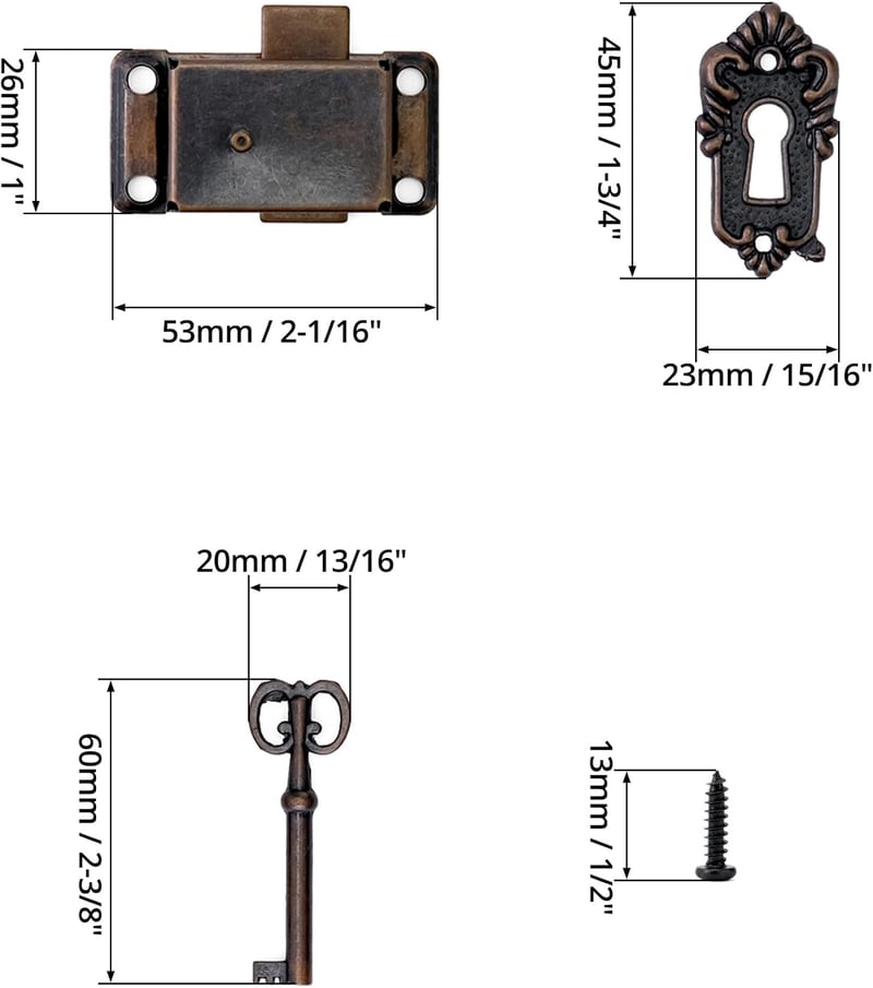 QWORK 3 db Vintage Szekrényzár Kulccsal - Antik Bronz Dekoratív Zár Ékszerdobozokhoz, Fiókokhoz, Szekrényekhez - Cink Ötvözet 53x26 mm