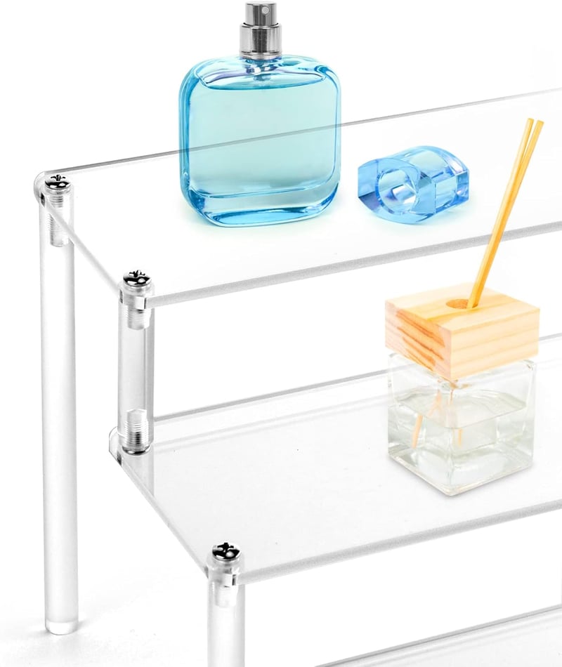 QWORK 3 Szintes Átlátszó Akril Kiállító Állvány 2db - 30x21x15cm, 4mm Vastag Plexi Polc Figurákhoz, Parfümökhöz, Körömlakkokhoz