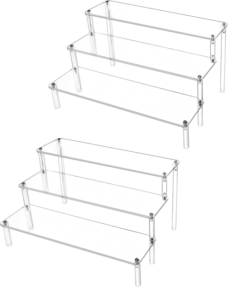 QWORK 3 Szintes Átlátszó Akril Kiállító Állvány 2db - 30x21x15cm, 4mm Vastag Plexi Polc Figurákhoz, Parfümökhöz, Körömlakkokhoz