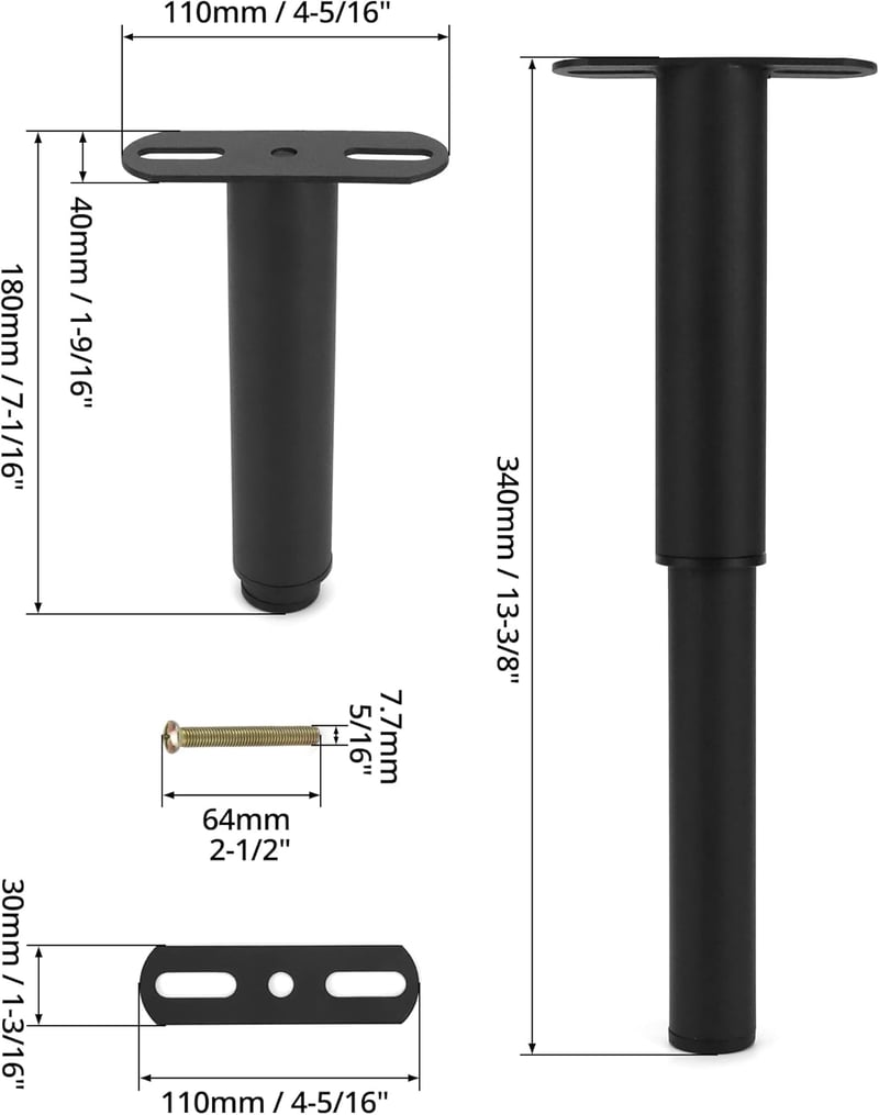 QWORK 4 darabos bútor láb magasságállítható 180-330 mm vasalap csavarható lemezzel fekete