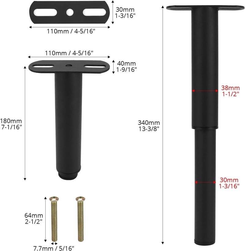 QWORK 4 darabos bútor láb magasságállítható 180-330 mm vasalap csavarható lemezzel fekete