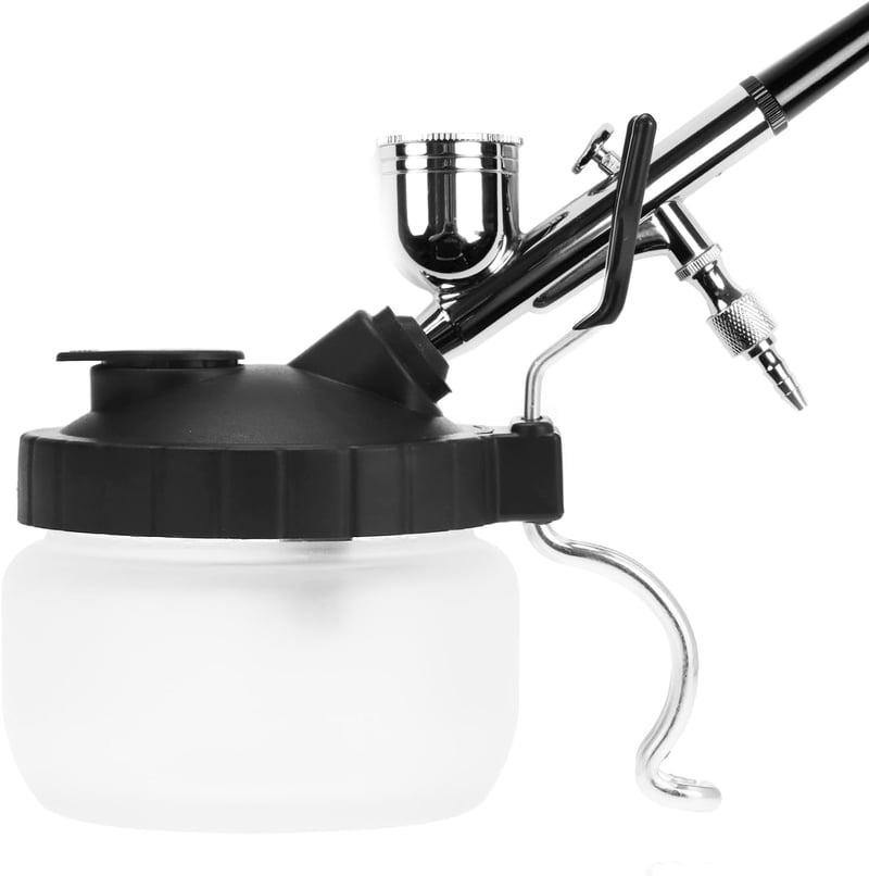 QWORK Airbrush Tisztító Készlet - Üveg Tisztítótartály Tartóval, 5 Tisztítókefe, 5 Tisztítótű, Kaparó - Festékszóró Karbantartó Szett