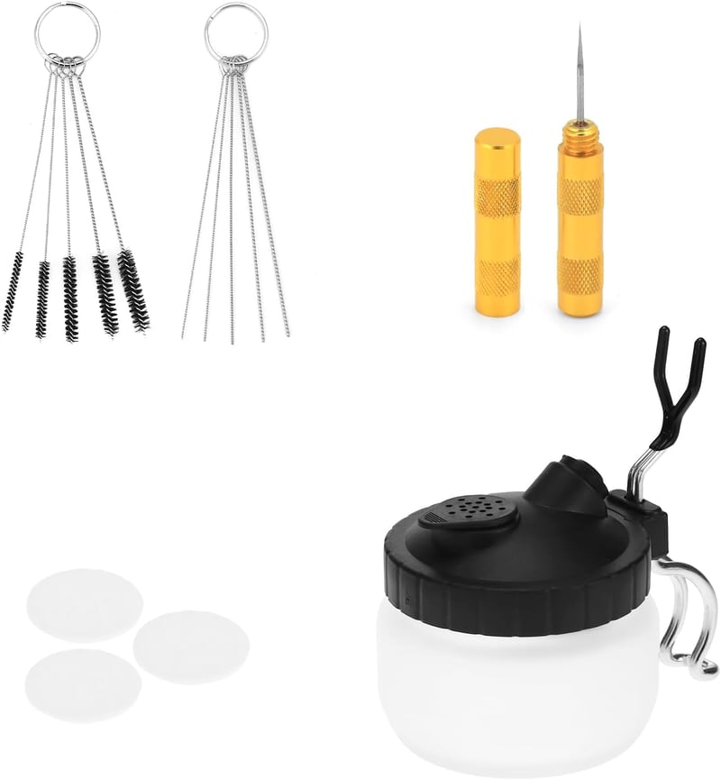 QWORK Airbrush Tisztító Készlet - Üveg Tisztítótartály Tartóval, 5 Tisztítókefe, 5 Tisztítótű, Kaparó - Festékszóró Karbantartó Szett