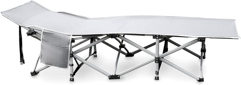 QWORK Összecsukható kempingágy 190x71x35 cm szürke, kerti és kemping használatra, hordtáskával, 300 kg teherbírás