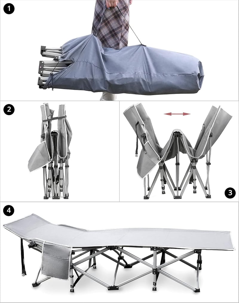 QWORK Összecsukható kempingágy 190x71x35 cm szürke, kerti és kemping használatra, hordtáskával, 300 kg teherbírás