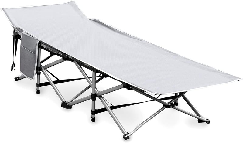 QWORK Összecsukható kempingágy 190x71x35 cm szürke, kerti és kemping használatra, hordtáskával, 300 kg teherbírás