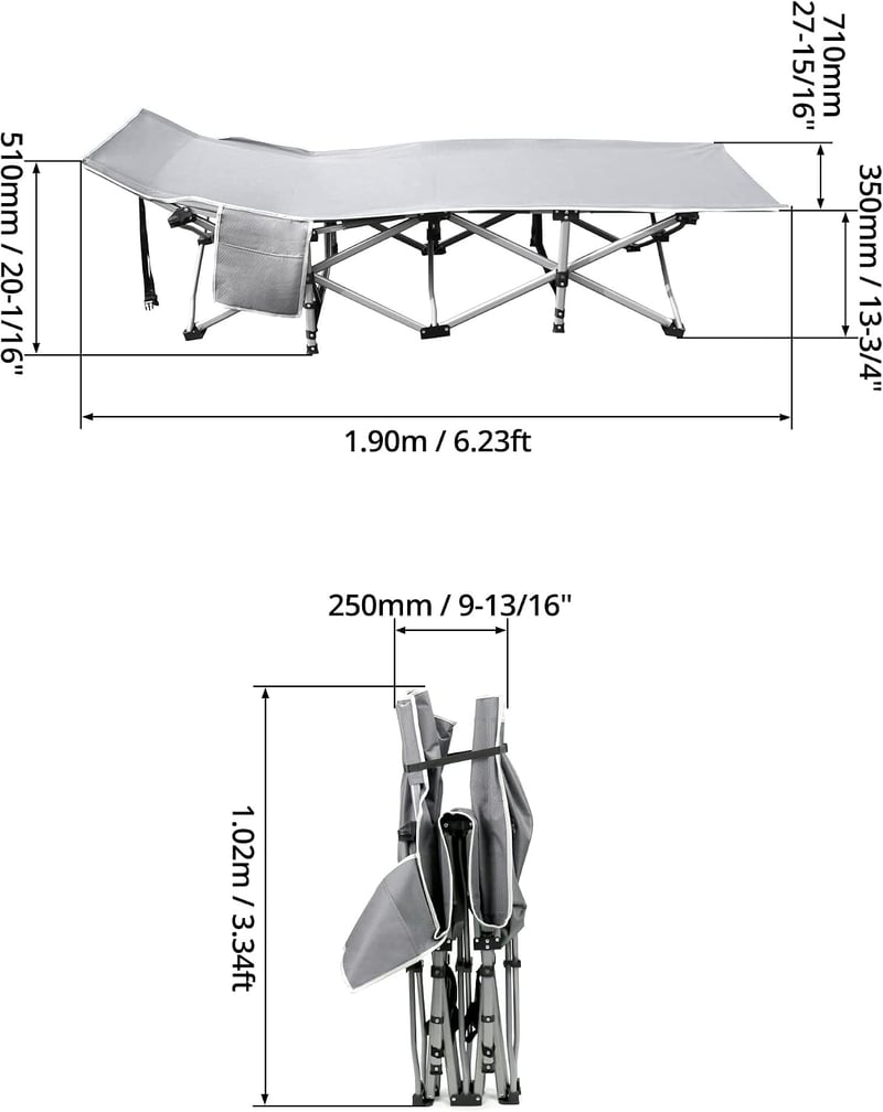 QWORK Összecsukható kempingágy 190x71x35 cm szürke, kerti és kemping használatra, hordtáskával, 300 kg teherbírás