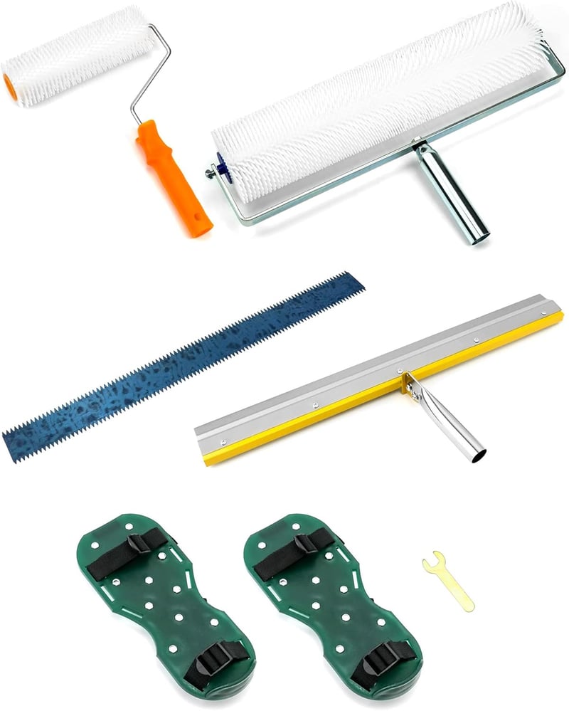QWORK Padlóbevonat Készlet - Légbuborék Eltávolító Henger + Epoxi Tüskés Cipő + Álló Lehúzó - 56 cm Rozsdamentes Acél Ipari Padlózat Simító 