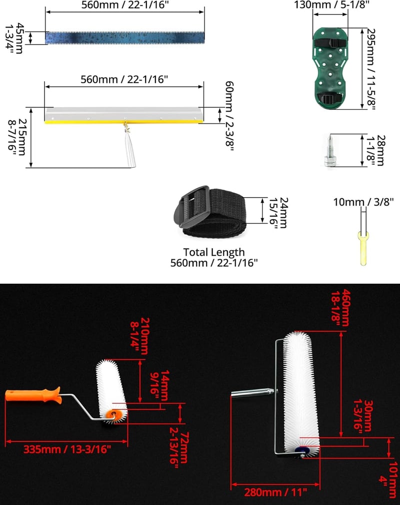 QWORK Padlóbevonat Készlet - Légbuborék Eltávolító Henger + Epoxi Tüskés Cipő + Álló Lehúzó - 56 cm Rozsdamentes Acél Ipari Padlózat Simító 