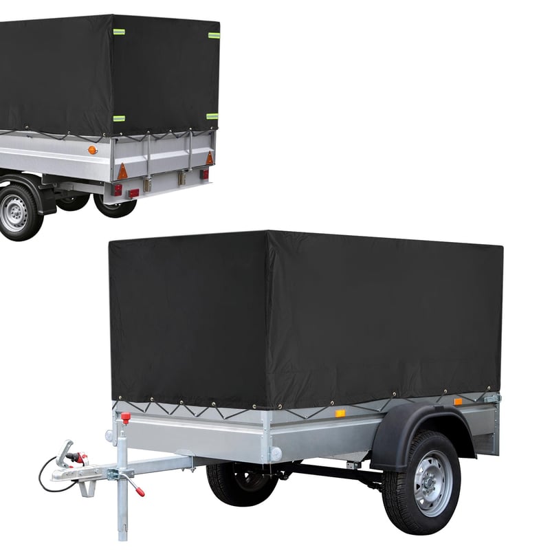 QWORK Plachta na príves 210x114x90 cm, 420D PVC, vodoodolná plachta odolná proti roztrhnutiu pre príves za osobné auto 750 kg, čierna