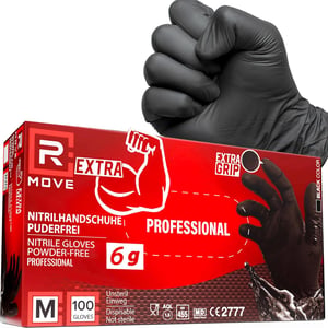 Jednorazové nitrilové rukavice R MOVE extra hrubé 6g, bezpúdrové, bezlatexové, čierne – veľkosť M, 100 ks