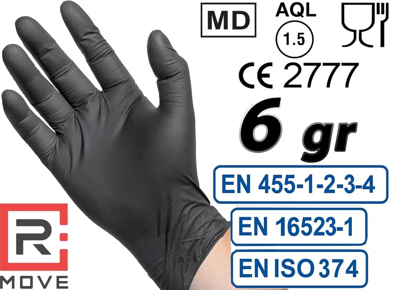 R MOVE 100 db fekete nitril eldobható kesztyű, extra vastag, pormentes, latexmentes M méret