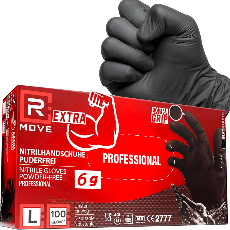 R MOVE 100 db fekete nitril eldobható kesztyű L méret, extra vastag, latex- és pormentes