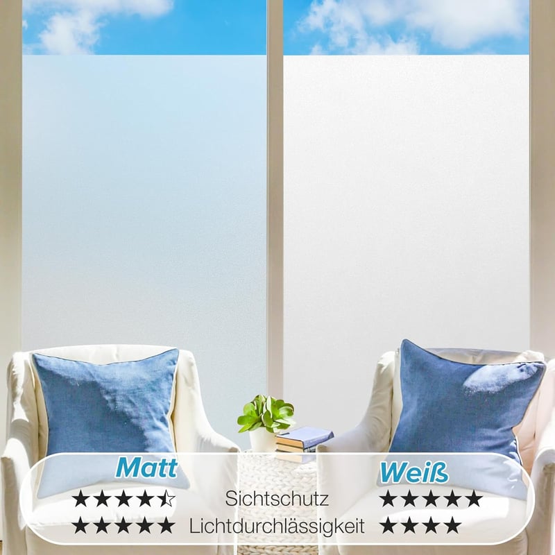 rabbitgoo Ablakfólia Mattított Üveghatás Privátszféra Védelem UV Szűrés 60x200cm Fehér - 60 x 200 cm, White