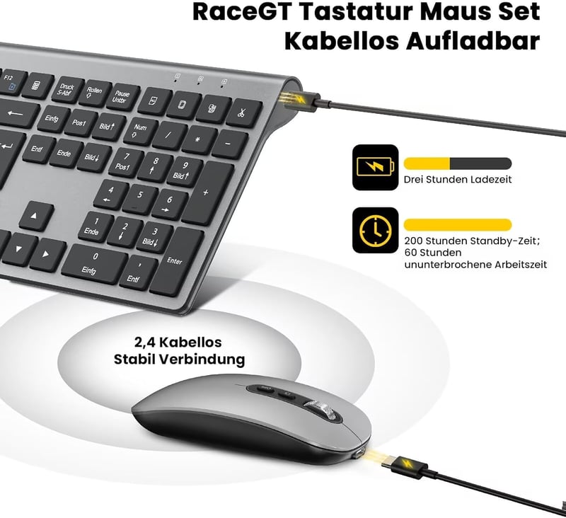 RaceGT Wireless Billentyűzet és Egér Szett, Ergonomikus, Újratölthető, 2.4 GHz, QWERTZ