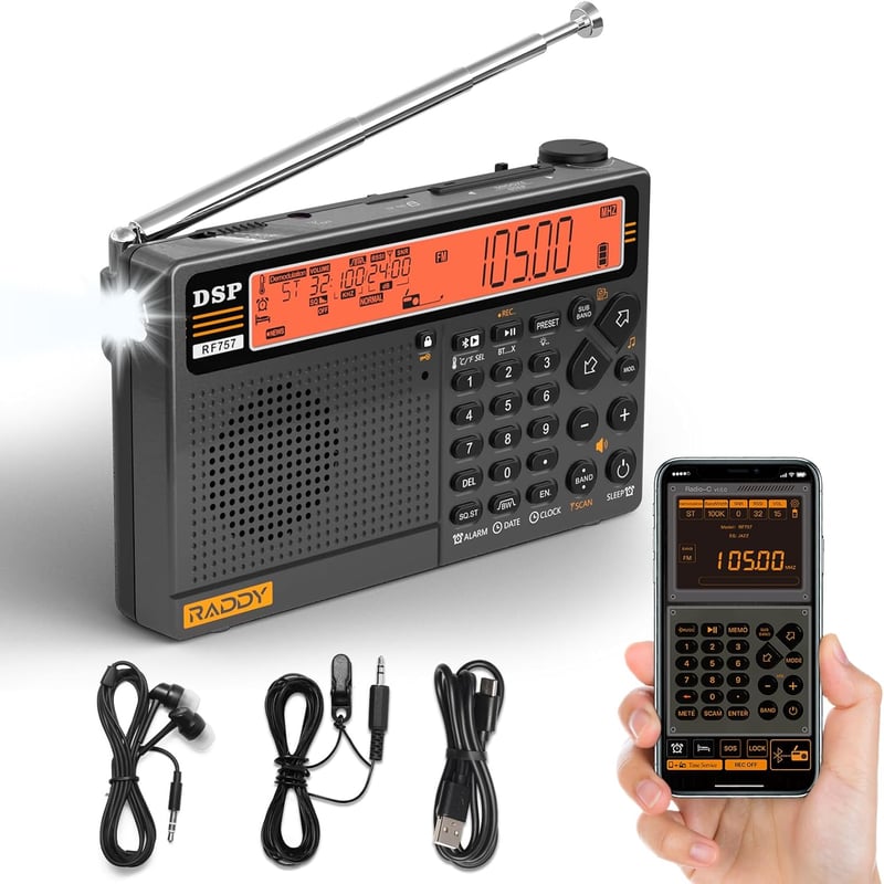 Raddy RF757 Többsávos Hordozható Rádió - AM/FM/SW/VHF/UHF/CB/AIR Vevő, Alkalmazásvezérlés, 1000 Állomástárhely, Bluetooth 5.0, SOS Riasztás,