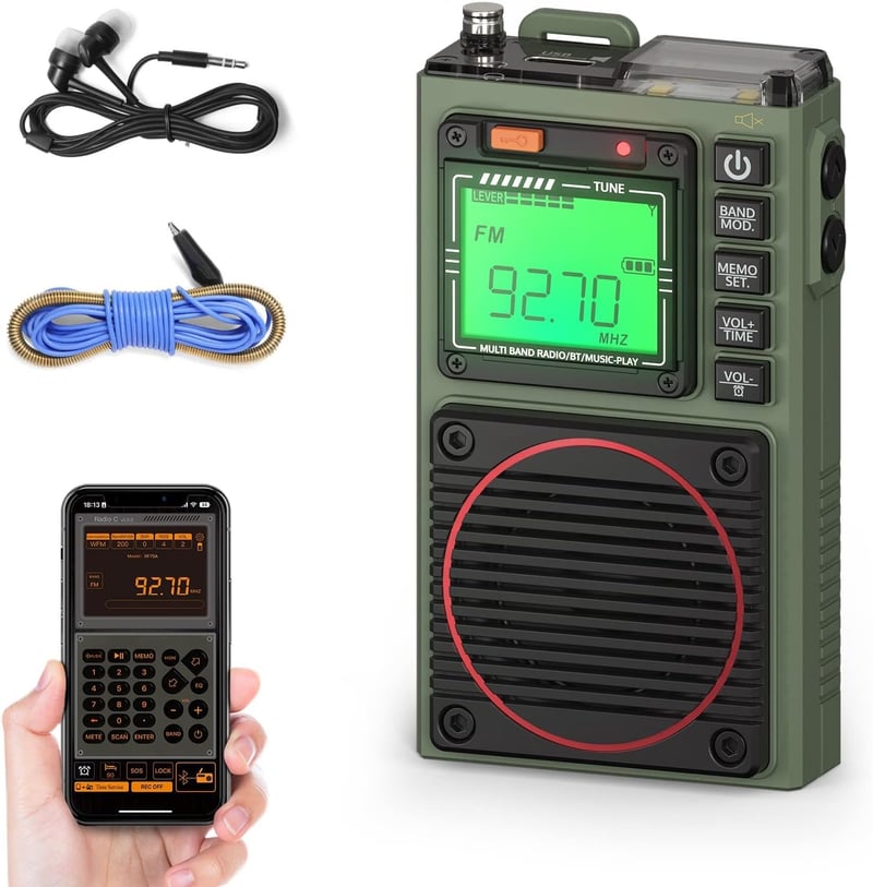 Raddy RF75A Hordozható Rádió APP Vezérléssel - AM/FM/VHF/SW Vevő Bluetooth Funkcióval, Újratölthető Zsebrádiós 3M Antennával