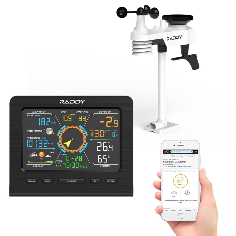 WiFi meteorologická stanica Radioddity Raddy WF-100C Lite s vonkajším senzorom, profesionálna meteorologická stanica 14-v-1, 10-palcový farebný displej, anemometer a zrážkomer, teplomer, barometer