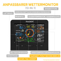 WiFi meteorologická stanica Radioddity Raddy WF-100C Lite s vonkajším senzorom, profesionálna meteorologická stanica 14-v-1, 10-palcový farebný displej, anemometer a zrážkomer, teplomer, barometer 2