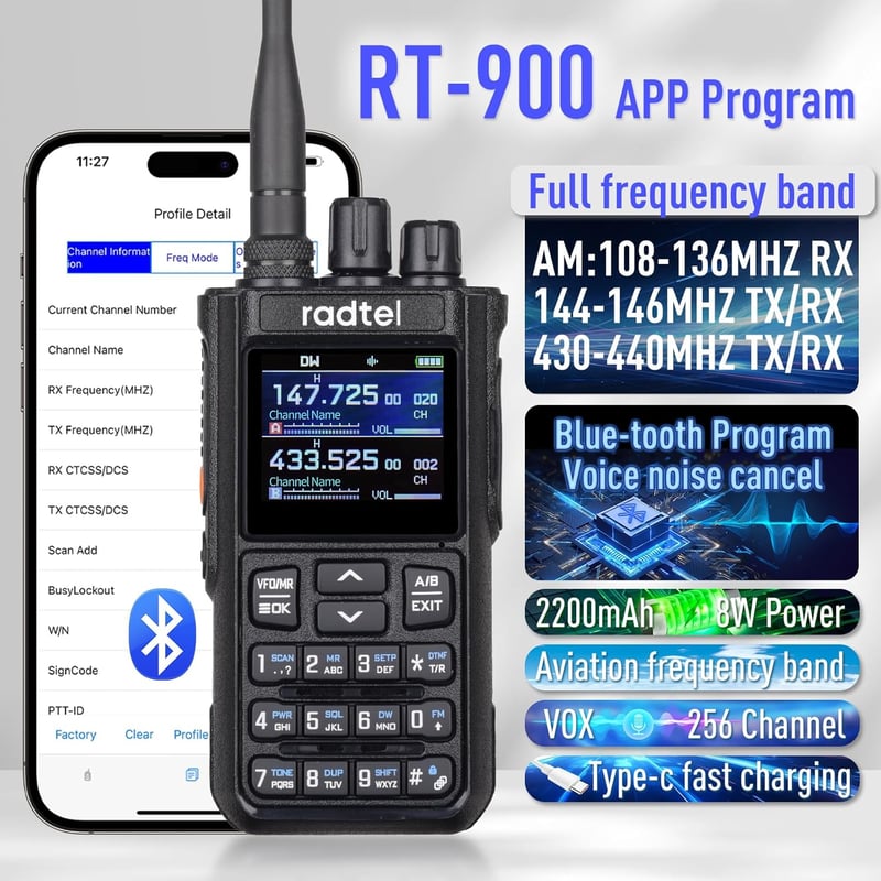 Radtel RT-900 8W többsávos amatőr rádió 256 csatornás VHF/UHF walkie talkie