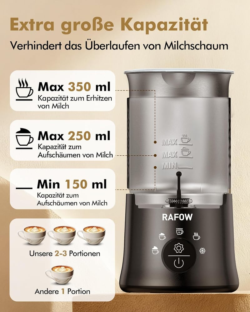 Rafow 5 az 1-ben elektromos tejhabosító 350ml, automata tejgőzölő forró és hideg tejhez
