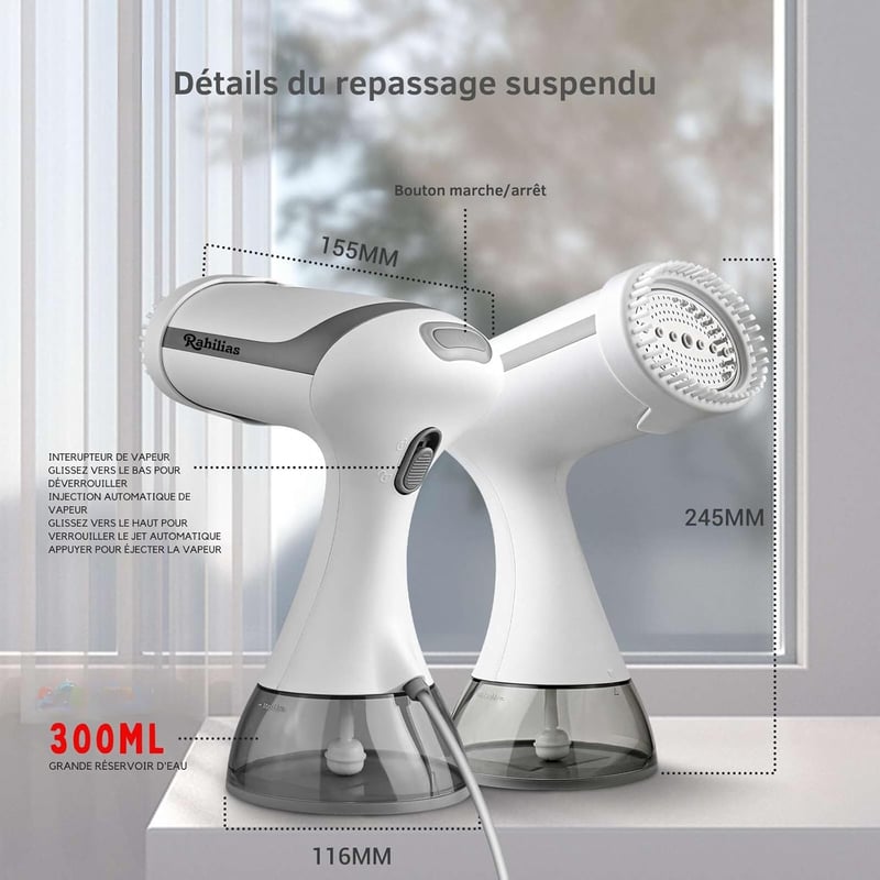 Rahilias Függőleges Kézi Ruhagőzölő - 1500W Gyors Gőzölő Ingekhez - Hordozható Automata Gőzvasaló Kábellel - 350ml Fehér
