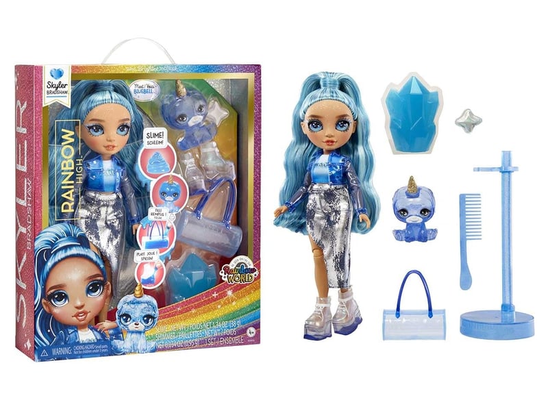 Módna bábika Rainbow High Skyler so slizom a domácim miláčikom – modrá – 28 cm trblietavá bábika s lesklým slizom, čarovným zvieratkom a módnymi doplnkami