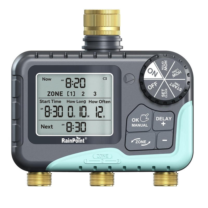 Programator de irigații RAINPOINT cu 3 ieșiri, conexiuni din alamă, temporizator cu ecran LCD mare, sistem automat de irigare pentru grădină cu senzor de ploaie