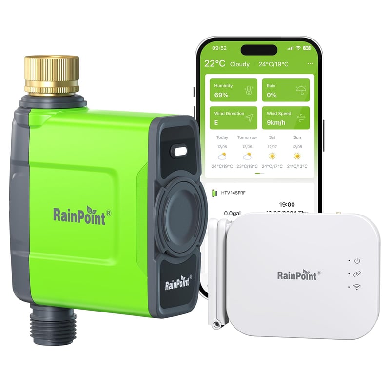 Programator de irigații WiFi RAINPOINT cu gateway antenă și intrare din cupru, IP65, control prin aplicație și vocal, sistem automat de irigare a grădinii bazat pe prognoza meteo