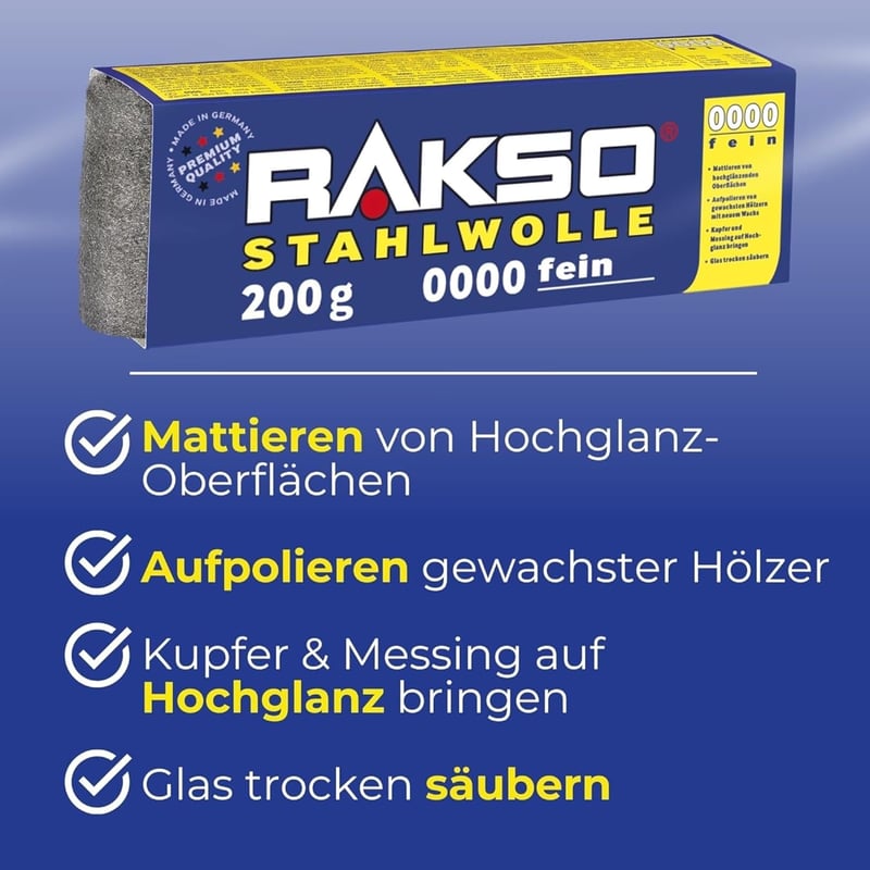 RAKSO Acélgyapot Extra Finom 0000 200g Polírozáshoz Réz Sárgaréz Üveg Tisztításához