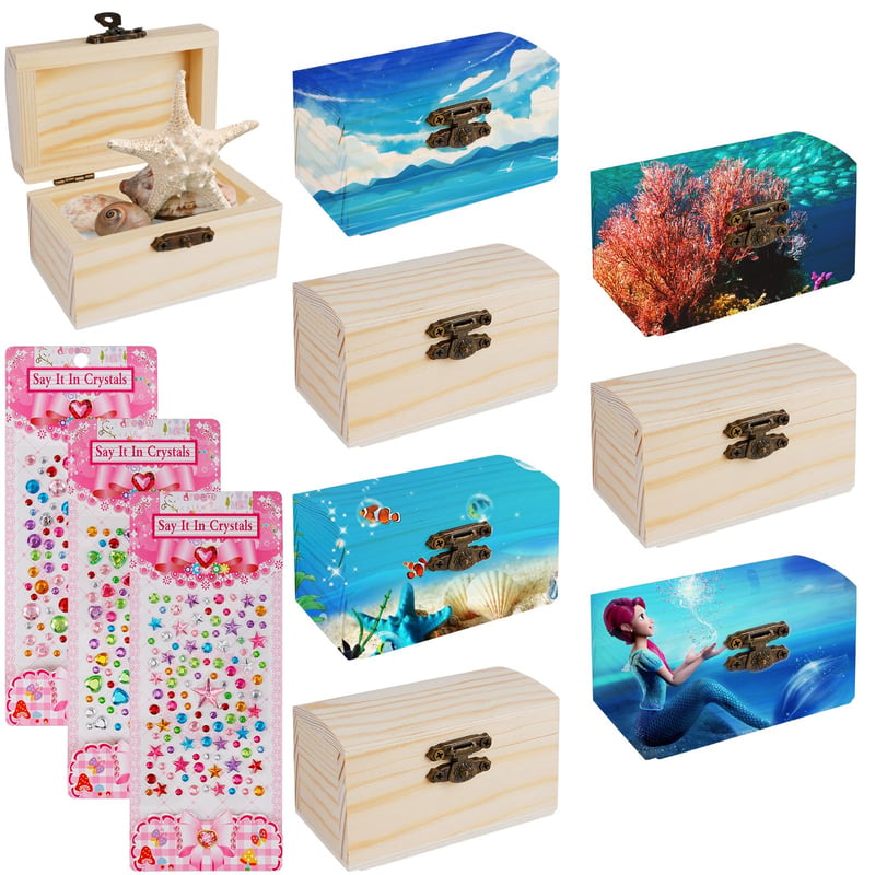 RAKUTE Mini drvena škrinja za blago s poklopcem, 9x5,5x5,2 cm, 8 komada za bojanje i s dijamantnim naljepnicama, za gusarsku zabavu i dječji rođendan, kreativni DIY set
