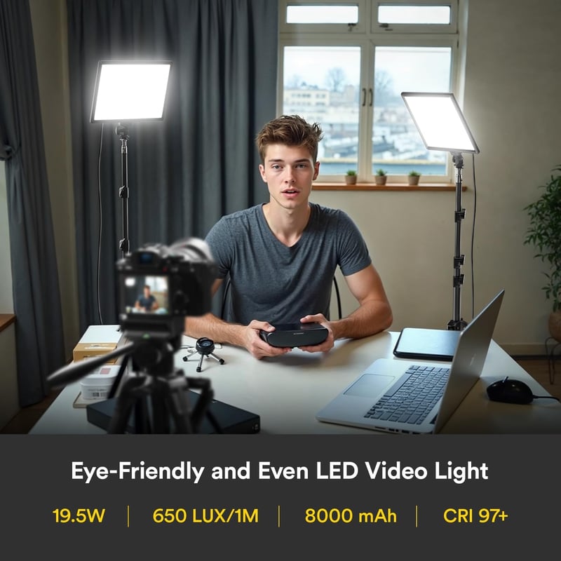 RALENO 2x LED Videólámpa 384 LED, 180cm Állvánnyal, Telefontartóval, 8000mAh Akkuval