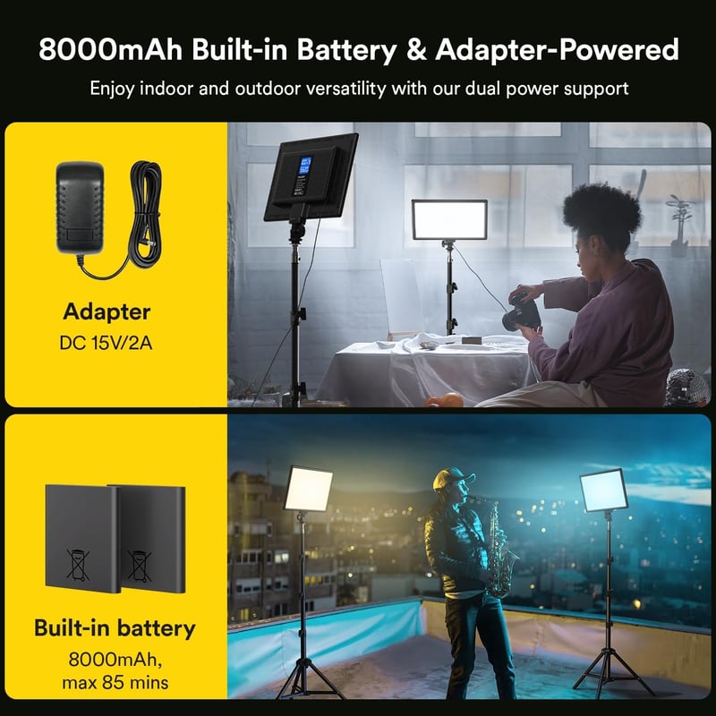 RALENO 2x LED Videólámpa 384 LED, 180cm Állvánnyal, Telefontartóval, 8000mAh Akkuval