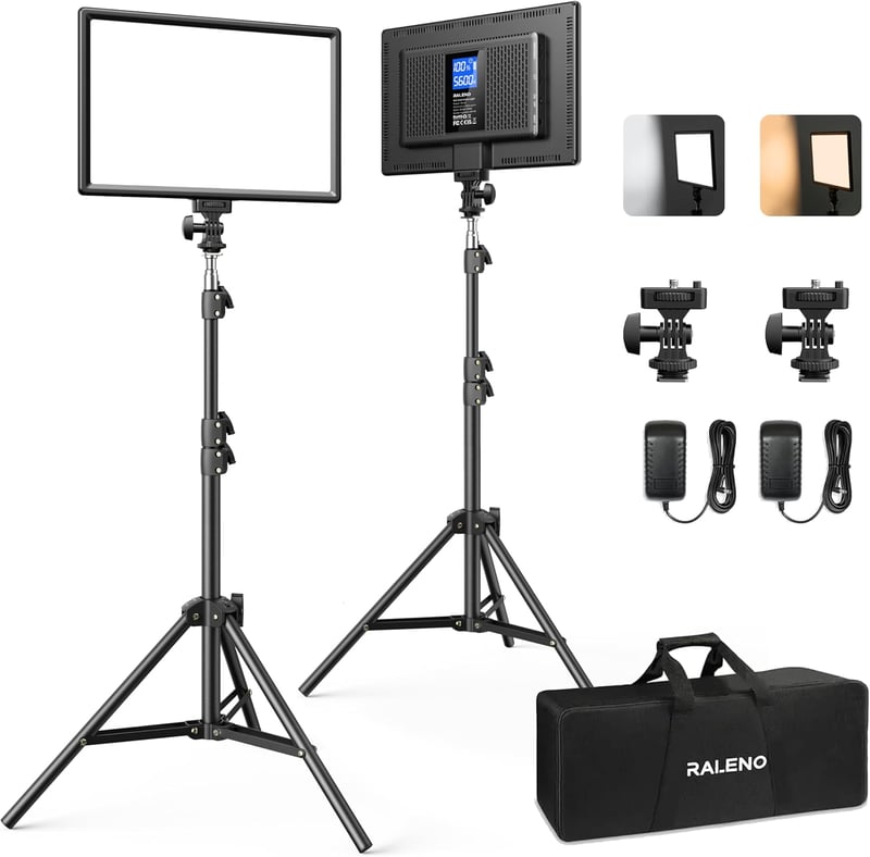 RALENO 2x LED Videólámpa 384 LED, 180cm Állvánnyal, Telefontartóval, 8000mAh Akkuval