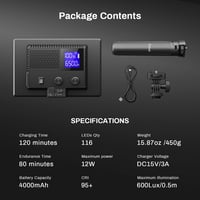 RALENO LED videólámpa beépített akkumulátorral, 3200K-5600K, CRI95+, LCD kijelző 7