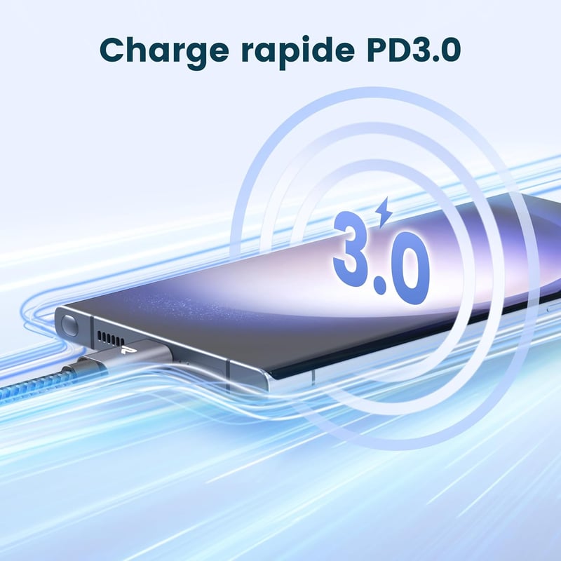 RAMPOW USB-C kábel 100W 2m+2m E-Mark chip nylon iPhone 15 MacBook Samsung szürke