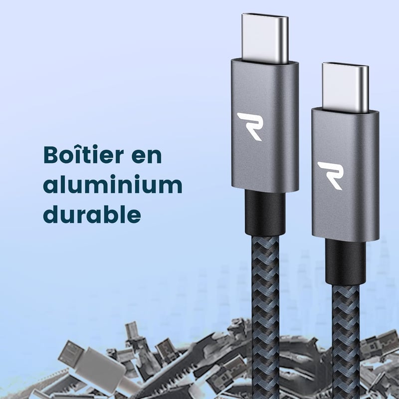 RAMPOW USB-C kábel 100W 2m+2m E-Mark chip nylon iPhone 15 MacBook Samsung szürke