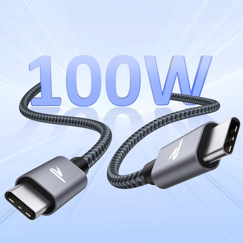 RAMPOW USB-C kábel 100W 2m+2m E-Mark chip nylon iPhone 15 MacBook Samsung szürke