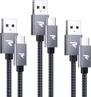 RAMPOW USB-C kabel 3A QC3.0 najlonski opleteni, 3 komada (1m+2m+2m) - sivi
