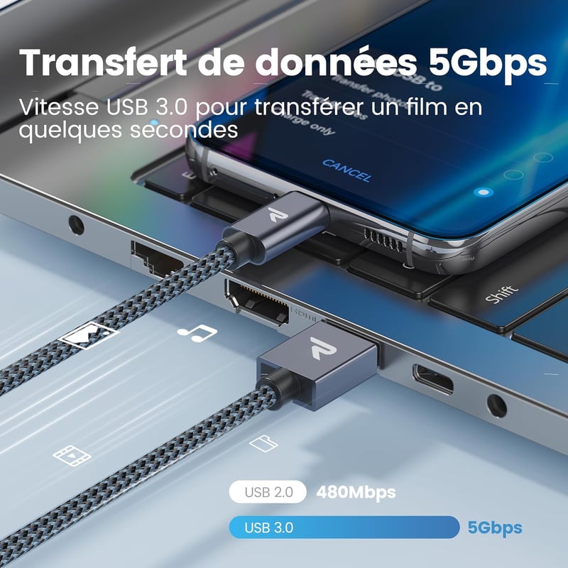 RAMPOW USB-C kábel 3A gyorstöltés QC3.0 nylon fonott iPhone 15 kompatibilis