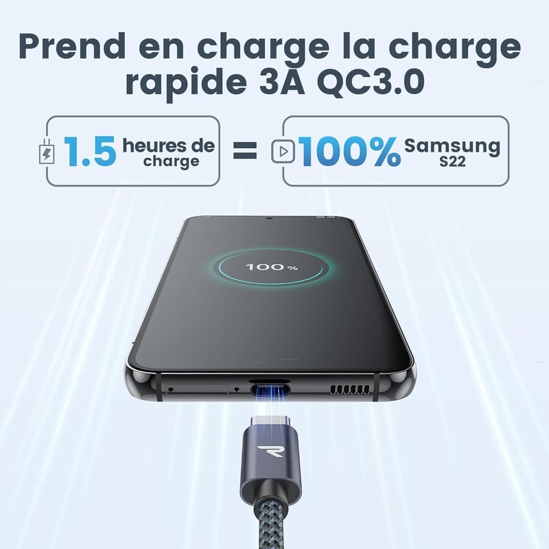 RAMPOW USB-C kábel 3A gyorstöltés QC3.0 nylon fonott iPhone 15 kompatibilis