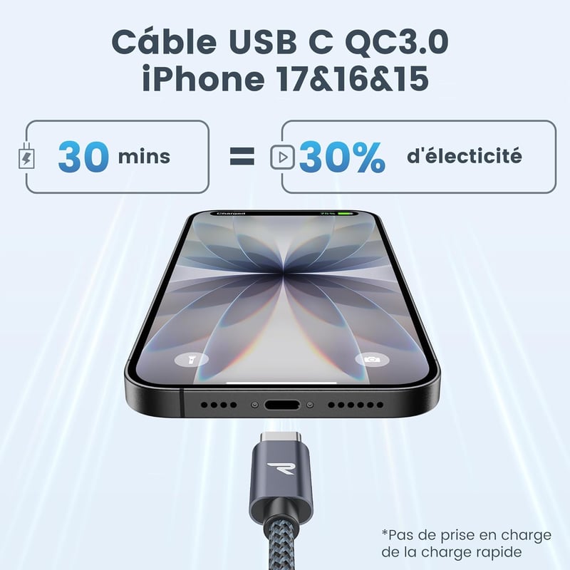 RAMPOW USB-C kábel 3A gyorstöltés QC3.0 nylon fonott iPhone 15 kompatibilis