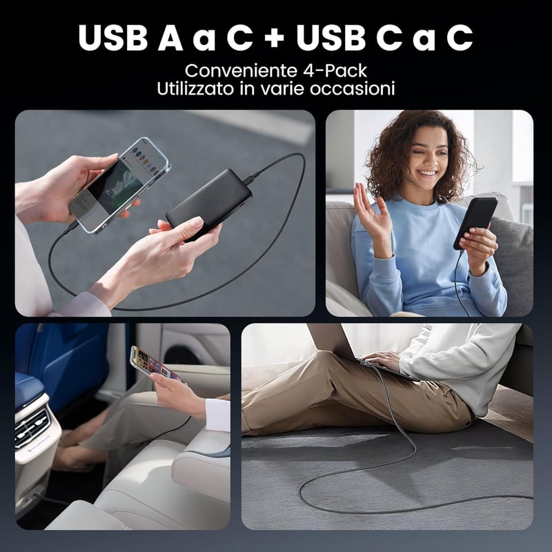 RAMPOW USB Type-C Kábel 4 db, 1m+1m USB A-C és USB C-C 60W töltés