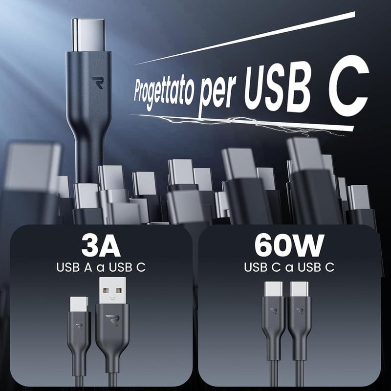 RAMPOW USB Type-C Kábel 4 db, 1m+1m USB A-C és USB C-C 60W töltés