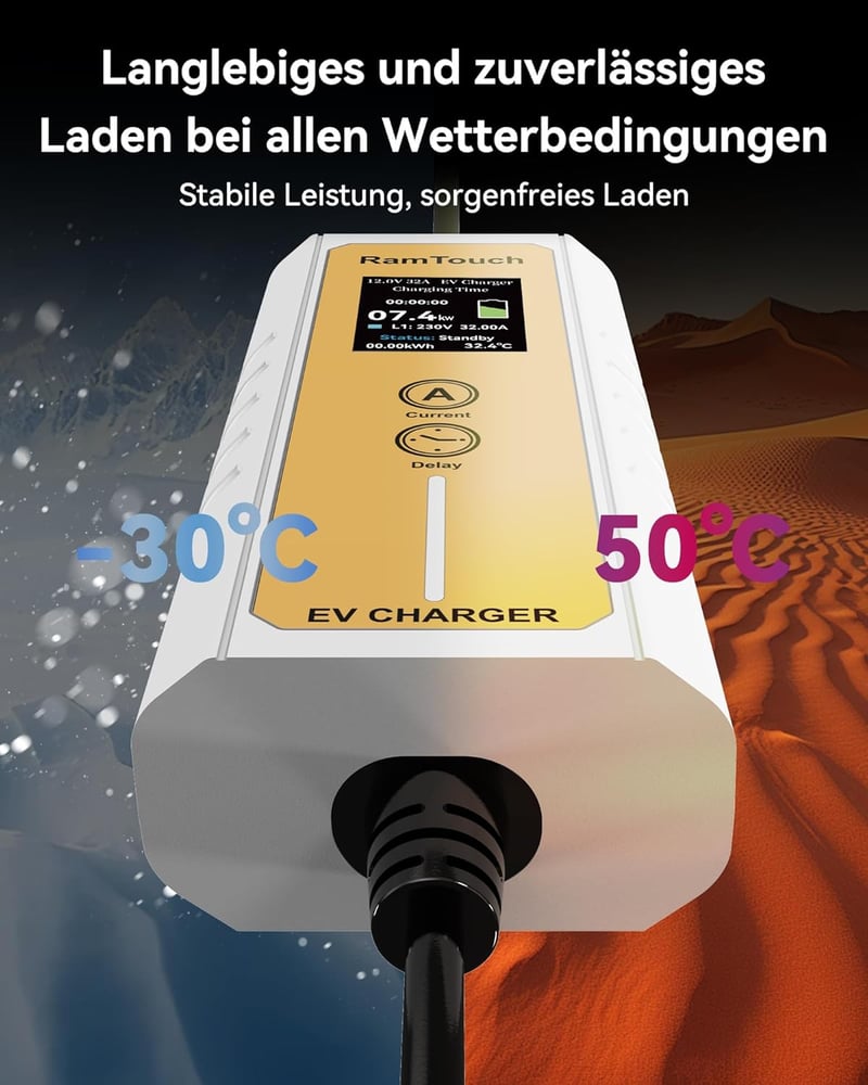 RamTouch 3,7 kW elektromos autó töltő Type 2 CEE 6,5m kábellel