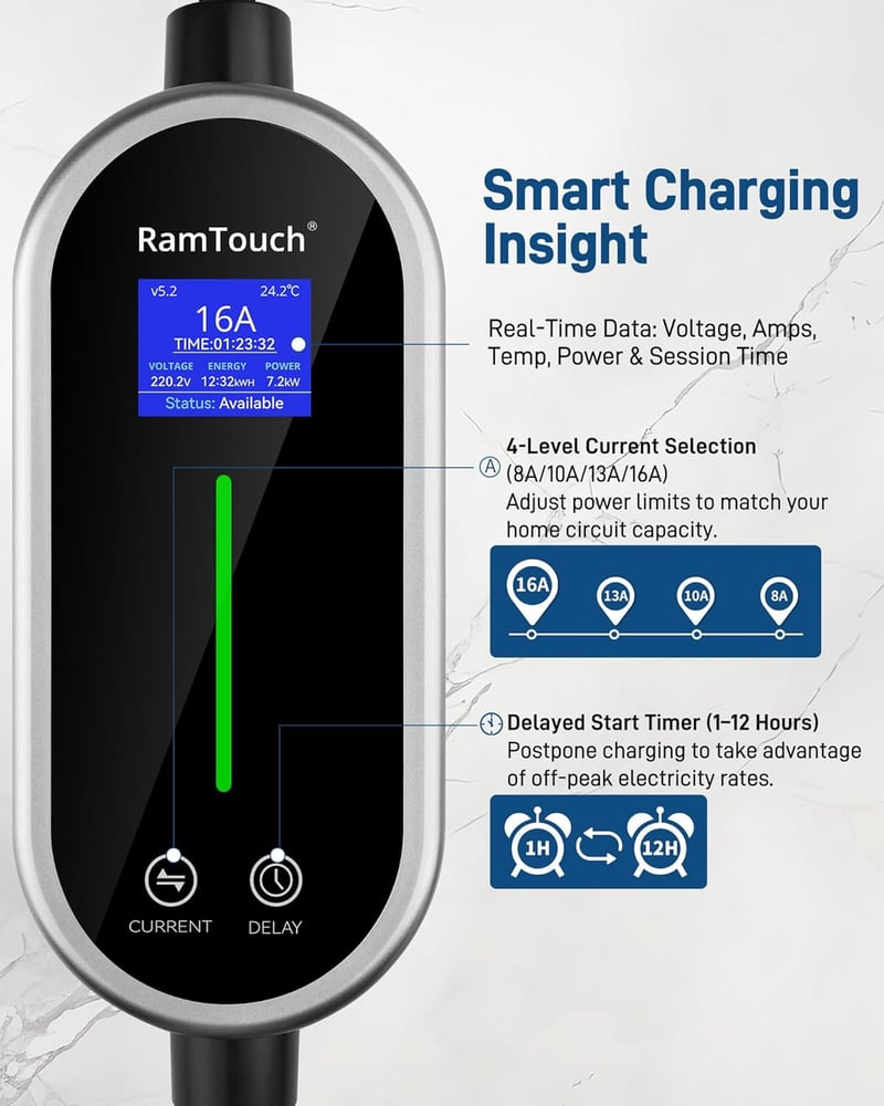 RamTouch Type 2 Schuko elektromos autó töltőkábel 3.68 kW 15.5m kijelzővel