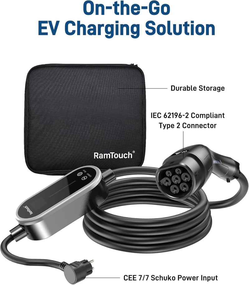 RamTouch Type 2 Schuko elektromos autó töltőkábel 3.68 kW 15.5m kijelzővel