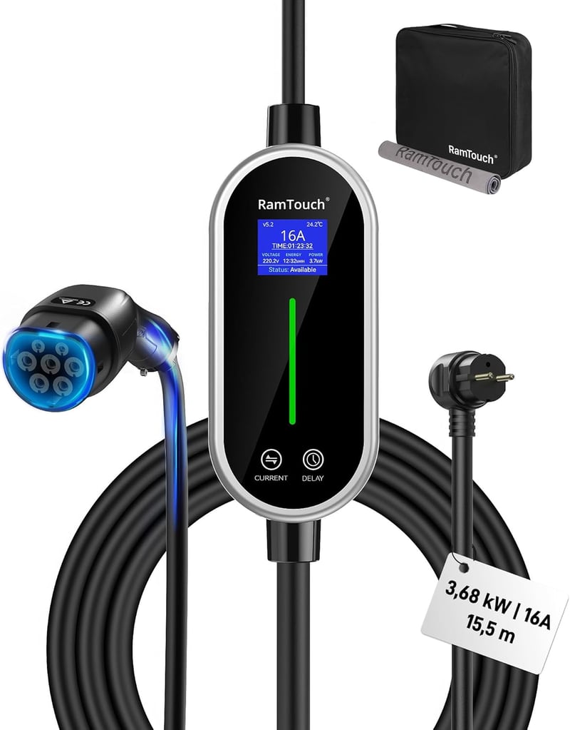 RamTouch Type 2 Schuko elektromos autó töltőkábel 3.68 kW 15.5m kijelzővel